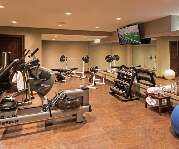 This upscale basement gym has a water rower - how fun!