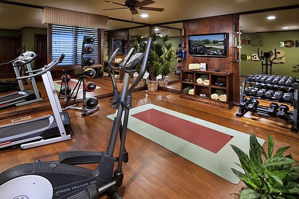 well decorated home gym with lots of cardio and conditioning equipment - even plants to pretty it up