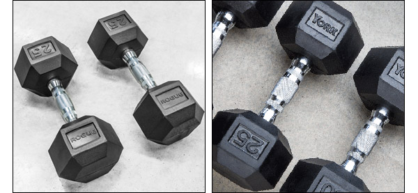 Rogue and York rubber hex dumbbells for sale