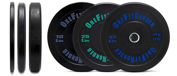 The standard 160-pound set of bumper plates - a pair of 10's, 25's, and 45's