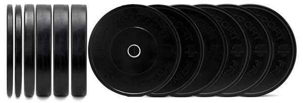 Typical 370-lb set of bumper plates - a pair of 10's, 15's, 25's, and (3) pairs of 45's