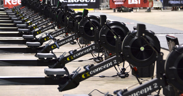 A whole line of Concept 2 rowers at the Crossfit Games