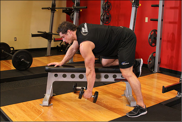 Starting position of the One-Arm Dumbbell Row - image courtesy of bodybuilding.com