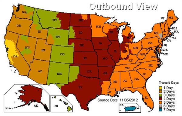 Sample UPS Ground Shipping Zone Map
