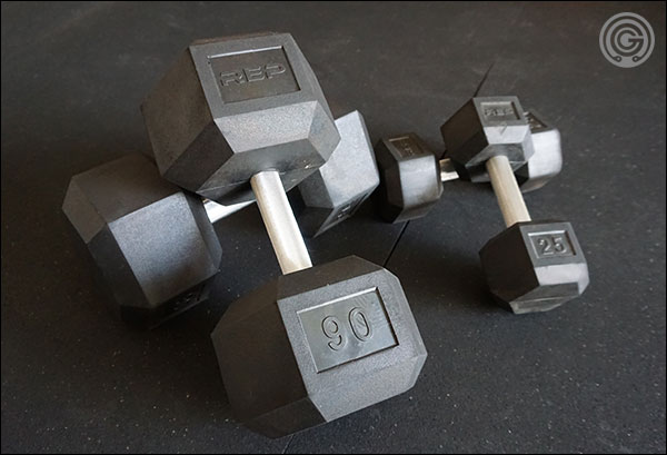 Rep Fitness Rubber-Coated Hex Dumbbells with fixed-diameter, knurled handles