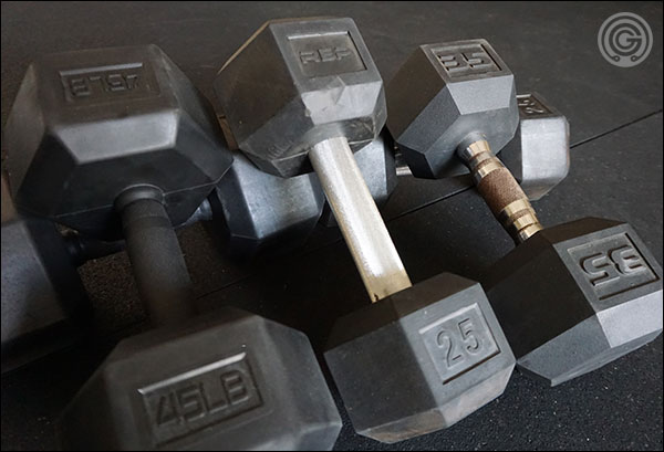 Various styles of the rubber hex dumbbells