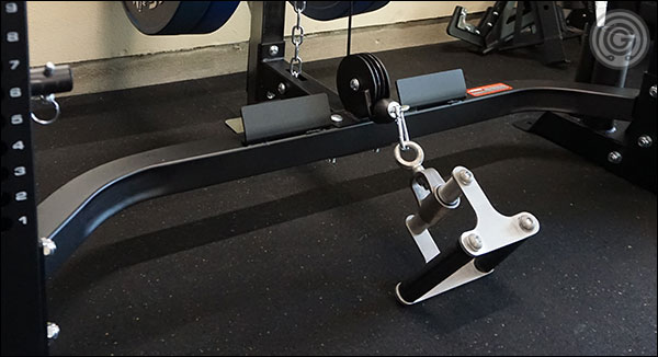 The rear stabilizer is out of the way of your feet for squats, bench for pressing, and has foot plates for rowing