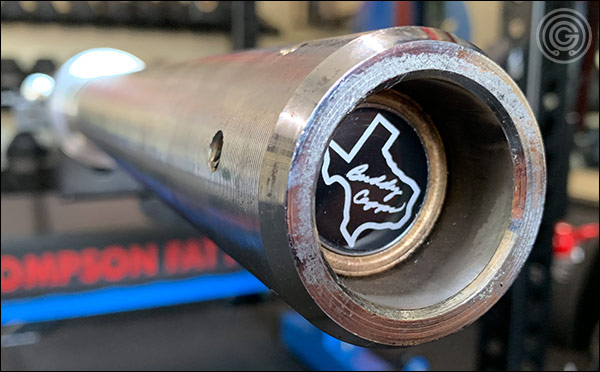 Recessed sleeves of the Capps Texas Deadlift Bar (the end caps are actually different on each side)