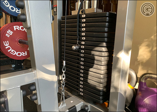 The 300-pound weight stack of the Body Solid SLM300G/3 Lat Machine