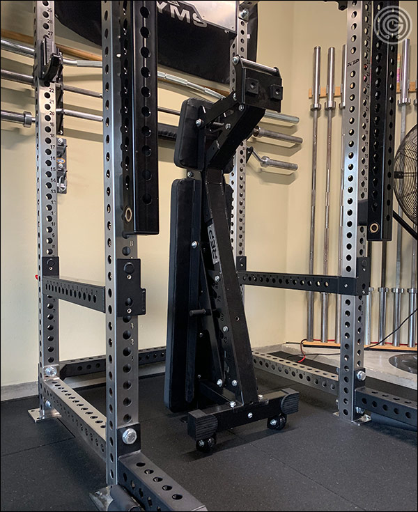 Rep Fitness AB-5200 with caged ladder can stand on its end unlike other ladder benches