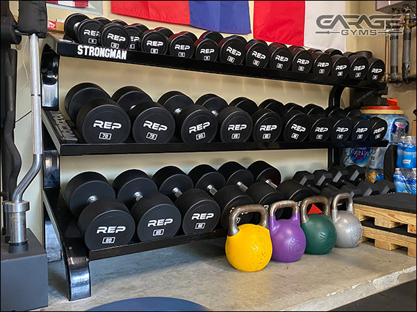 Full set of fixed-weight, urethane dumbbells by REP