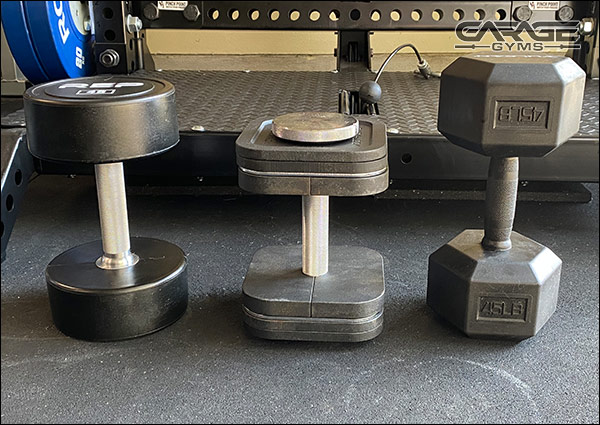 These are all 45-lb dumbbells. Look how compact the Ironmaster Quick Locks are by comparison